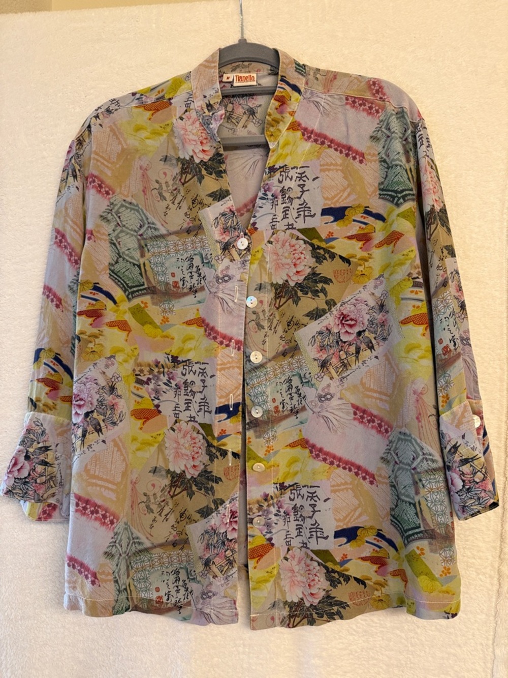 Tianello by Steve Barraza Patchwork Floral/Asian Symbols SILK Button-Up Shirt